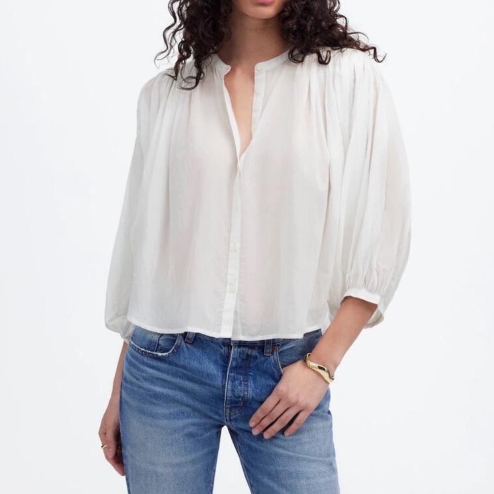 Madewell White Cotton Balloon Sleeve Sheer Button Top XS